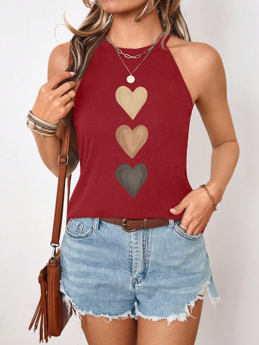 SHEIN LUNE Women's Casual Heart Graphic Slim Fit Camisole, Suitable For Summer Back To School - Burgundy - View 1