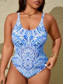 Swim Lushoire Traje de baño de una pieza con tirantes y estampado floral, estilo vacacional para mujer talla grande