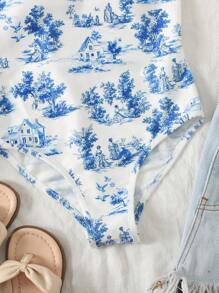 Tween Girls Casual Blue Floral Print Jumpsuit With Bow Strap Accent, Suitable For Beach Vacation - Blue - View 5