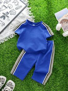 SHEIN 2pcs/Set Baju Bayi Laki-laki/Perempuan Kasual Lucu dengan Motif Grafis, Atasan Sweater Rajut Longgar Bahu Jatuh dan Celana Rajut Pinggang Elastis Warna Kontras dengan Tali Serut, Cocok untuk Dipakai di Musim Semi/Panas - Biru - View 5