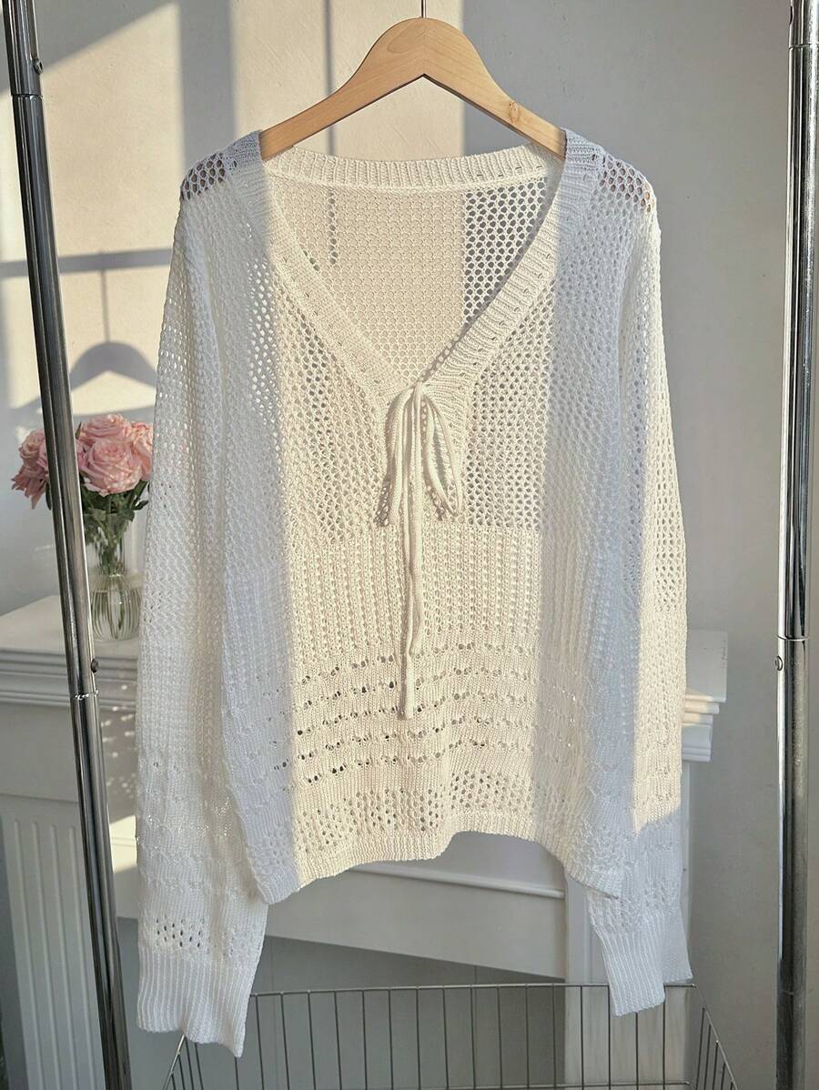 SHEIN EZwear Plus Size Women Solid Color Tie Front Hollow Long Sleeve Sweater - White - View 1