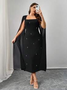 SHEIN Unity Plus Size Elegant Pearl Trim Poncho Sleeve Shift Dress For Work - Black - View 4