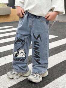 SHEIN Young Boy Fall Winter Vintage Urban Street Cool Style Casual Distressed Comic Pattern Baggy Loose Fit Blue Denim Jeans, For Back To School Clothes And Streetwear