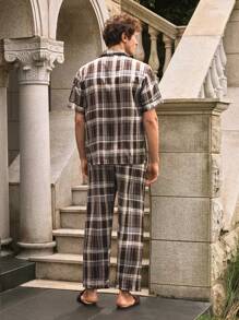 EverLounge Conjunto de pijamas xadrez confortável e respirável para homens, roupa de casa casual - Castanho Café - Ver 2