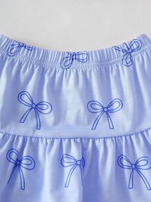 SHEIN Playful Pals 女宝宝夏季韩版可爱满蝴蝶印花粉色短袖针织上衣和粉色满印花蝴蝶针织裙 - 藍色 - 查看 3