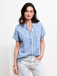 Miaspire 格子圖案蝙蝠袖襯衫 - 藍白色 - 查看 4