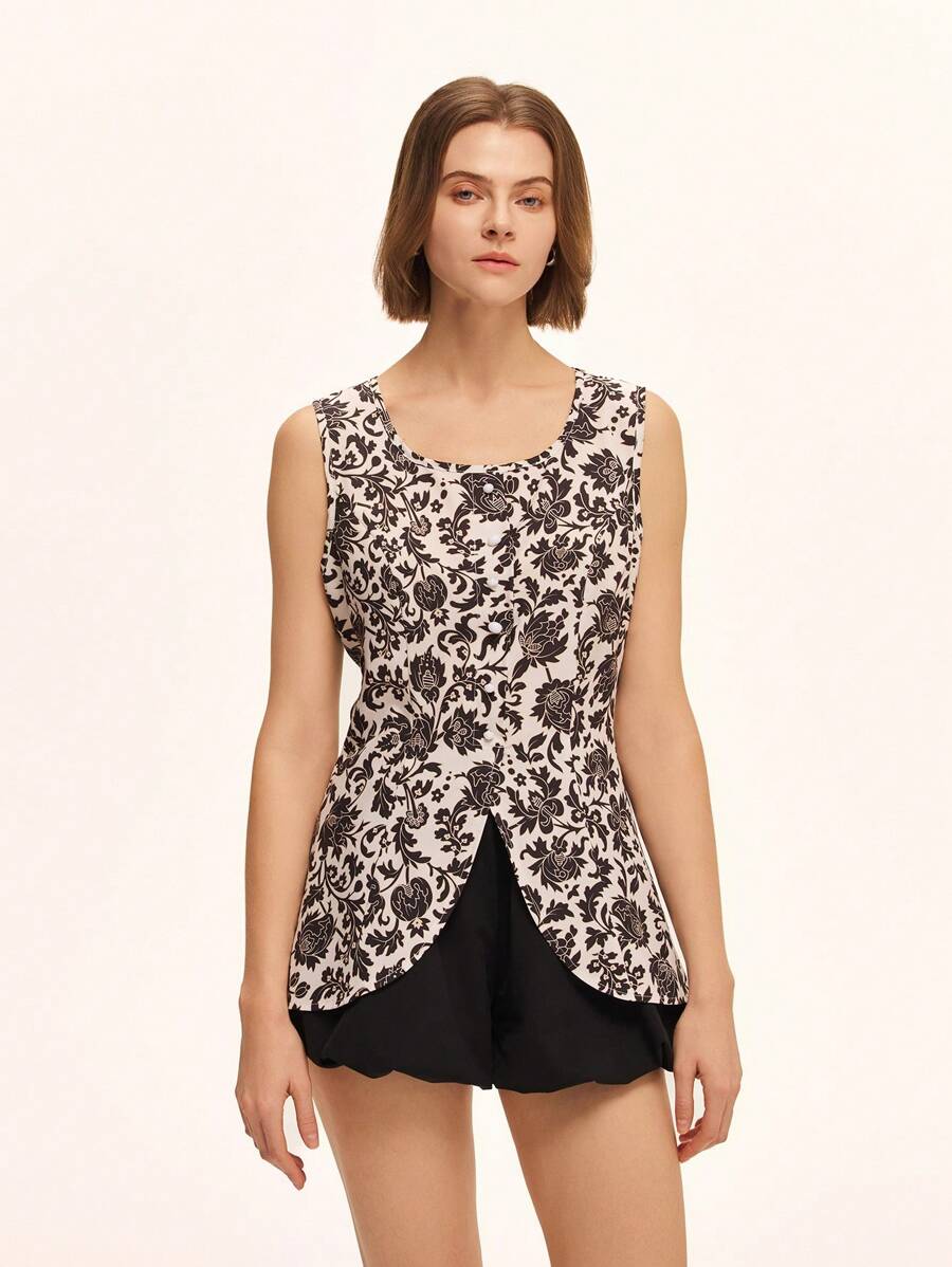 Chiquease French Retro Minimalist Waist-Cinched Slim Fit Black & White Floral Pattern Sleeveless Women Shirt