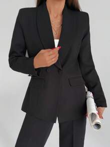 EURMUSE 女士纯色纽扣和口袋细节两件套