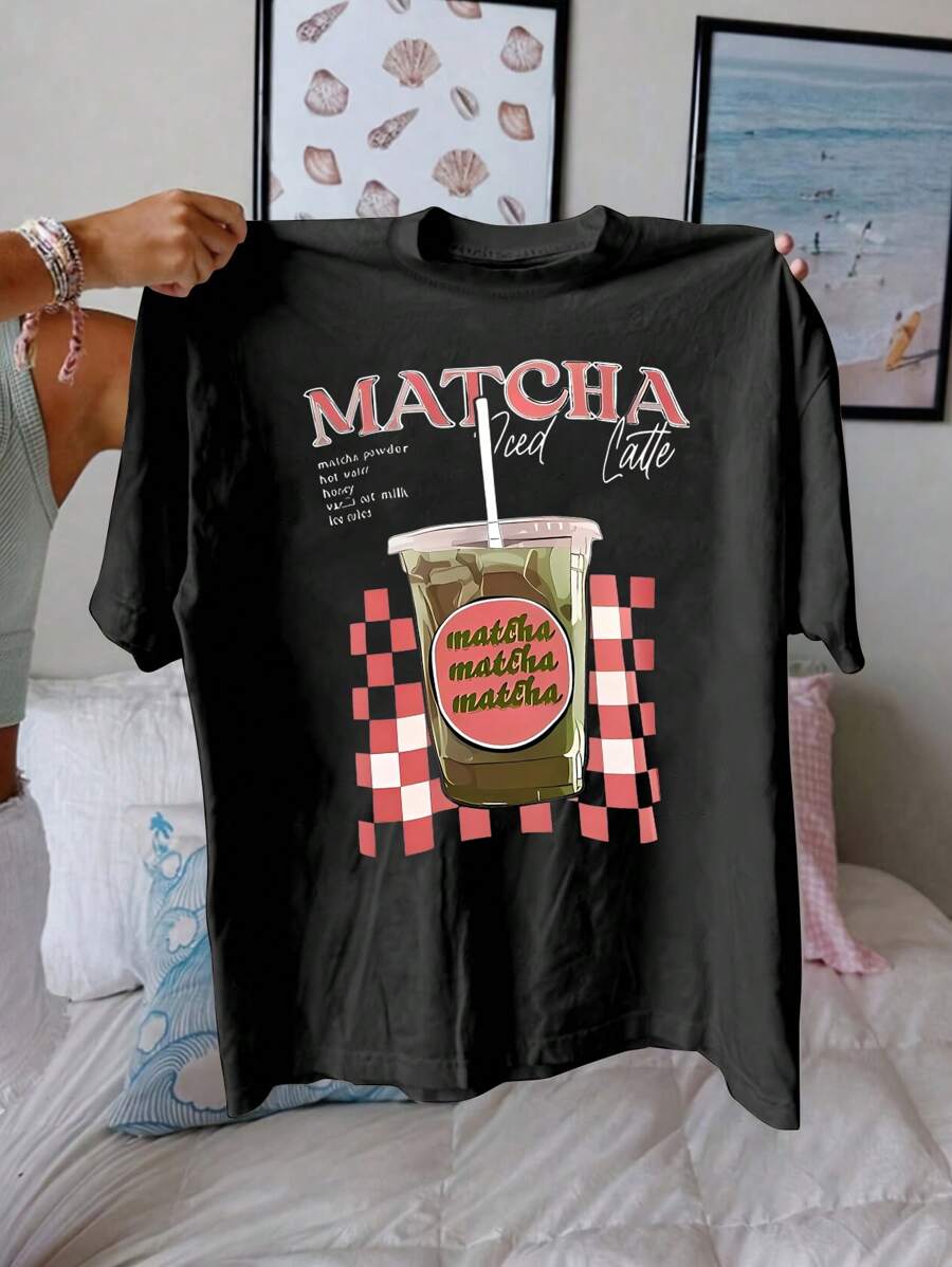 Women's Casual Beverage Slogan Print Round Neck T-Shirt, Summer - Black - View 1