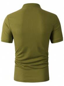 Manfinity Homme 男士休闲纯色短袖 Polo 衫，夏季 - 橄欖綠 - 查看 2