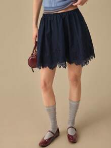 Muvela 女士纯色海军蓝下摆拼接蕾丝裙，夏季时尚 - 藏蓝色 - 查看 4