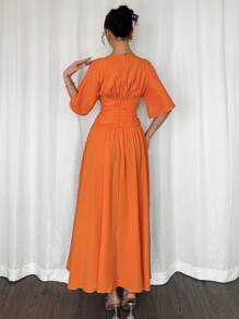 Firerie Damen elegantes Sommer Lässig Pendler Urlaub orange helle Farbe V-Ausschnitt Kurzarm Taillengegurtetes A-Linien Midi-Kleid