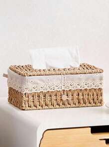 1pc Woven Tissue Box Holder, Rectangular Covered Tissue Box, Rattan Wicker Tissue Box Holder, Bohemian Style Decorative Woven Tissue Dispenser
