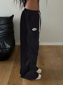 StreetHx 女士街头时尚条纹抽绳宽松黑白长裤 - 彩色 - 查看 7