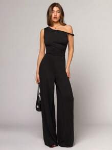 SHEIN BAE 女式黑色不对称领阔腿连体裤，时尚休闲简约风格，适合聚会、派对、婚礼、伴娘、返校、毕业、度假、节日服装、夏装、俱乐部服装、商务休闲 - 黑色 - 查看 4