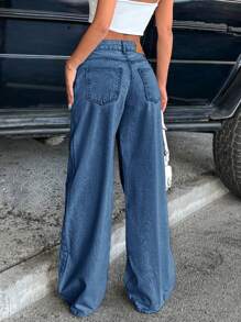 SHEIN Cottnline Women's Casual Loose Fit Wide Leg Jeans With Slant Pockets - Baby Blue - View 2