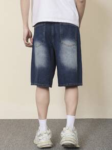 Manfinity Hypemode 男士休闲宽松带口袋及膝牛仔短裤 - 深色水洗藍 - 查看 2