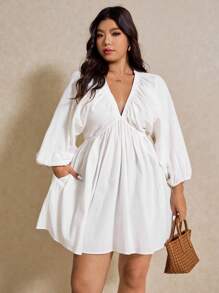 Elaquor Vestido informal de talla grande de manga farol en unicolor