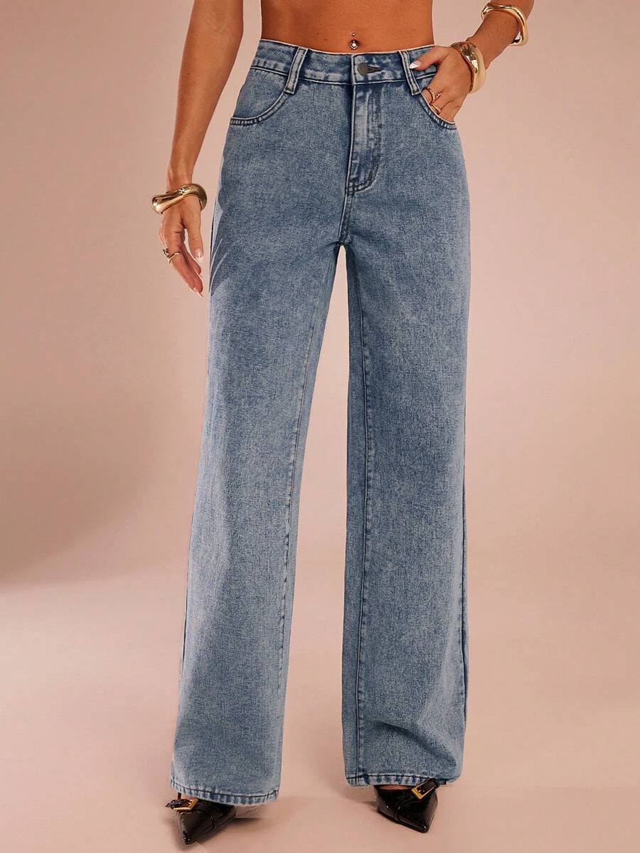 Forever 21 Fall&Winter Women's Pockets Loose Wide Leg/Deep Blue/Vintage/Denim Jeans/Basic/Tall Women/Women Mom Jeans/Business Casual Women/Essentials /Tall Women Jeans/Jeans Pants/Low Rise Baggy Jeans/ Low Rise/Cold Weather/Thanksgiving Jeans/Holiday /Elegant / Christmas Jeans Pants/ Christmas/ New Years Jeans/ Relaxed Fit Casual Pants Jeans//Y2k Jeans/Washed Wide Leg Jeans - Baby Blue - View 1