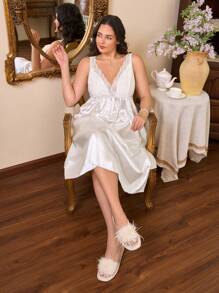 Plus Size Lace Camisole Nightgown, Solid Color, Fashionable For Summer - White - View 6