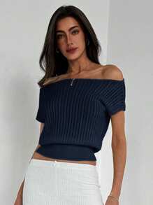 Aloruh 简约优雅露肩双向纹理针织修身腰女式T恤，白色 - 藏蓝色 - 查看 8