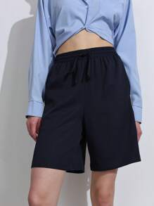 SHEIN ChicEase Damen Lässig Shorts mit Spitzendetails, elastischem Bund, gerade geschnittene Bermuda Shorts, Kordelzug, bequeme sportliche Alltagsshorts - marineblau - Übersicht 2