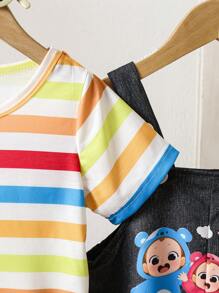 SHEIN Set de 2 piezas de camiseta a rayas de colores y pantalones tipo babero con estampado de dibujos adorables para bebé niño, perfecto para usar en verano - Multicolor - Ver 8