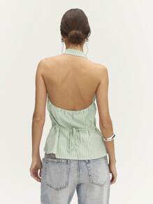 Nöista Summer Chinese Style Neckline Linen Stripes Sleeveless Bows Detail Featuring Linen Stripes And Bow Details! - Cadet Blue - View 2