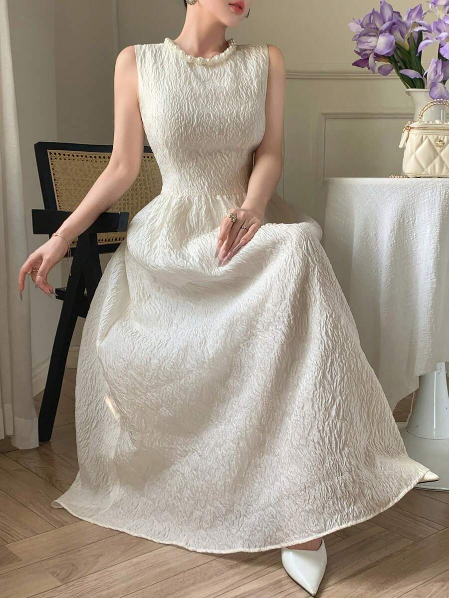 DAZY Summer Casual Elegant Faux Pearl 3D Decor Lace Jacquard Midi Slip Dress With High-End Feminine Vibe For Women,Dress For Wedding