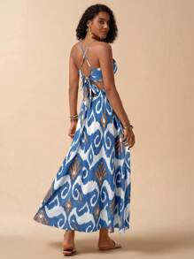 Travachic Women Halter Criss-Cross Bowknot Back Top And Loose Floral Printed Skirt Vintage 2 Pieces Set, Vacation - Blue - View 2