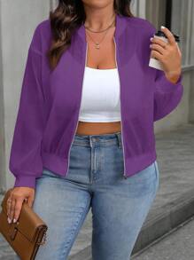 SHEIN LUNE Plus Size Solid Color Zip-Up Casual Versatile Long Sleeve Jacket - Purple - View 5