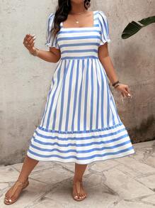 SHEIN Clasi Elegant Pattern Plus Size Women Long Dress, Spring/Summer - Blue and White - View 6