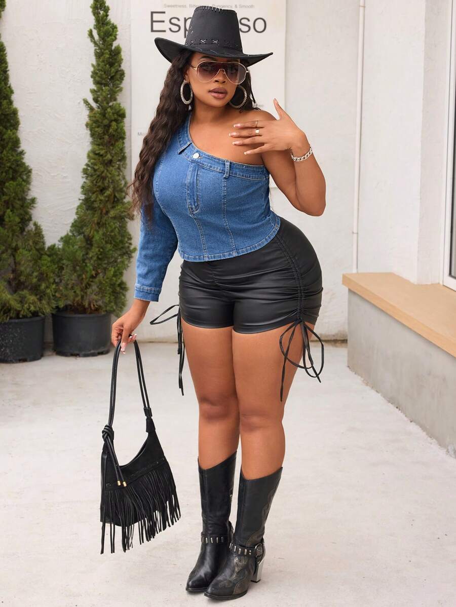 SHEIN SXY Plus Size Women's One Shoulder Long Sleeve Fitted Casual Versatile Denim Jacket  Summer Outfits For Women Festival Outfits Cowboy Outfits For Women Club Outfits Women Sexy Dresses - Blue - View 1