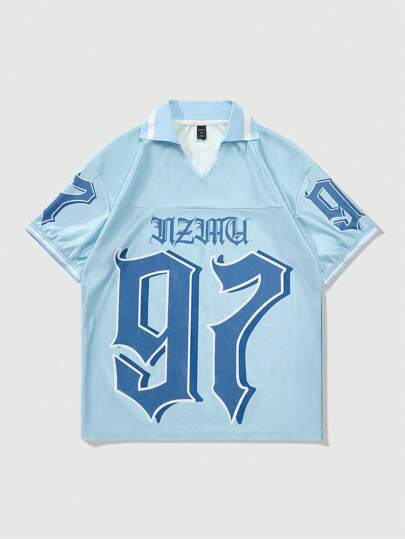 Prep Men's Jersey Casual Letter And Number Print Round Neck Short Sleeve T-Shirt, Summer