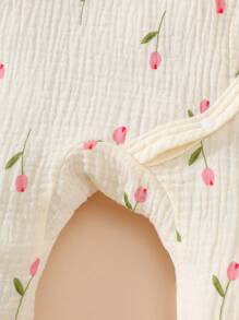 SHEIN 女婴杏色地花印花休闲连体衣长袖舒适家居服高档婴儿衣服新生儿衣服女婴女童衣服春假旅行休闲夏装 - 杏色 - 查看 5