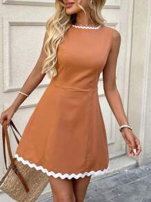 SHEIN LUNE Abito a-line senza maniche con scollo a nodo, motivo a onde a contrasto, adatto per vacanza casual ed elegante per le donne