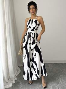 Elenzga Vestido de línea A con estampado gráfico en blanco y negro, con hombros abiertos, nudo retorcido y escote de halter, elegante para primavera/verano de las mujeres