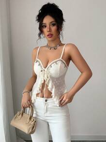 Elenzga Women's Jacquard Fabric Shell Tape Strap Decorative Sequin Camisole, Elegant For Holiday & Daily Wear - Apricot - View 5