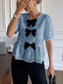 SHEIN Frenchy Women's Summer Elegant Solid Color Textured Bow Decor Blouse