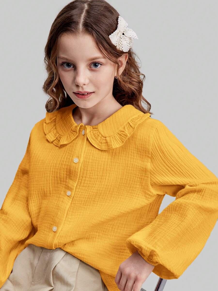Ontre Tween Girls' Oversized Ruffled Collar Soft, Comfortable & Versatile Blouse, Casual & Suitable For School, Spring/Summer - Yellow - View 1