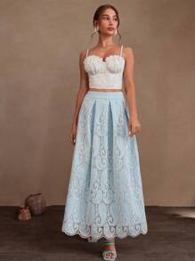 Savoree Women's Elegant Light Blue Hollow Floral Embroidery Spaghetti Strap Sleeveless Crop Top, Suitable For Summer, Holiday, Casual, Festival, Going Out, Vacation