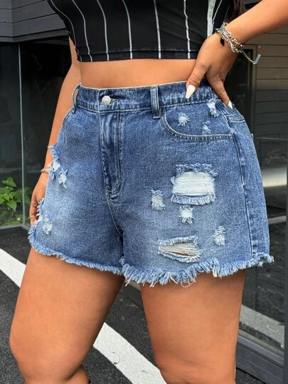 SHEIN ICON 大码女式宽松休闲毛边做旧水洗牛仔短裤，夏季