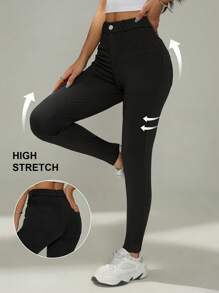 SHEIN PETITE 女士修身裤，修身显身材，女士休闲黑色紧身裤，双插袋紧身裤，常规长度 - 黑色 - 查看 8