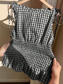 Comfortcana Women's Casual Black Plaid Woven Racerback Tank Top, Summer,Rave Top - Black - View 4