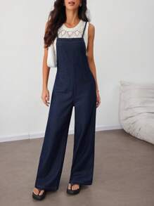 SHEIN Tall Women's Casual Loose Sleeveless Blue Denim Bib Pants And Jumpsuit Straight-Leg Suspender Jumpsuit For Women Jumpsuits For Woman Elegant