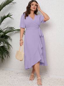 SHEIN LUNE Plus Puff Sleeve Ruffle Hem Belted Wrap Dress Maxi Women Outfit
