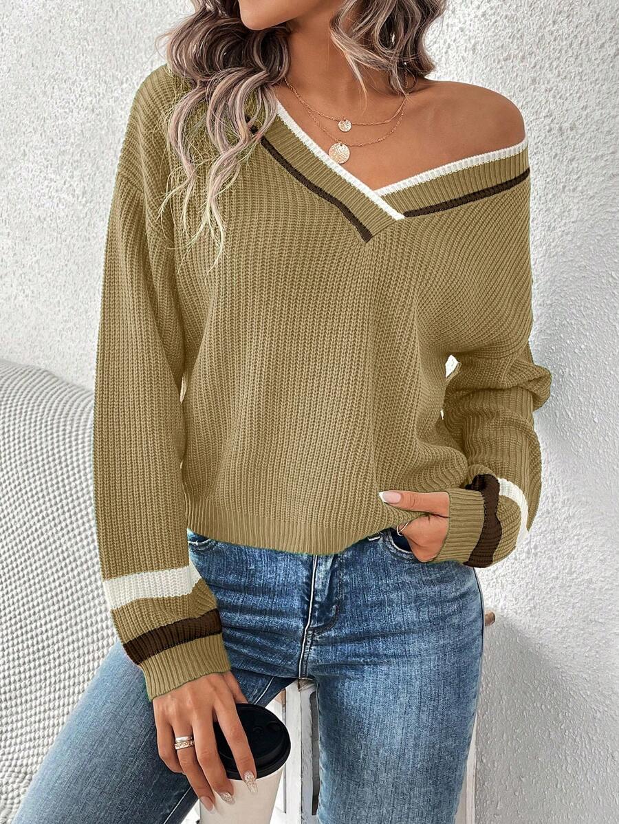 Chiquease pull à col en V avec bordure contrastée, manches longues, décontracté, tricoté, pour l'automne et l'hiver - Multicolore - Voir 1