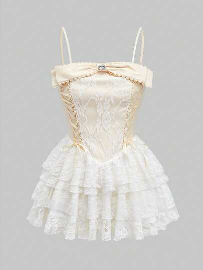 J-Fashion Women's Elegant Lace Up Lace Patchwork Camisole Mini Dress