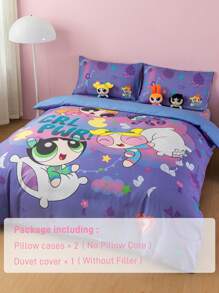 THE POWERPUFF GIRLS X SHEIN Cute Cartoon Figures And Pillow Pattern Comfortable Duvet Cover Set