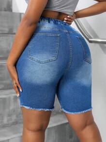 SHEIN SXY Plus Size Women's Summer Pockets Distressed Elastic Waist Denim Biker Pants